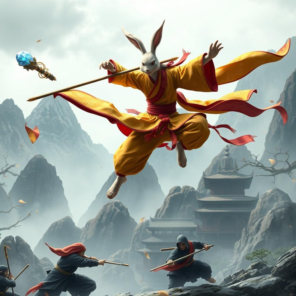 Rabbit Shaolin Monk Leaping Over Ninjas in Anime Style