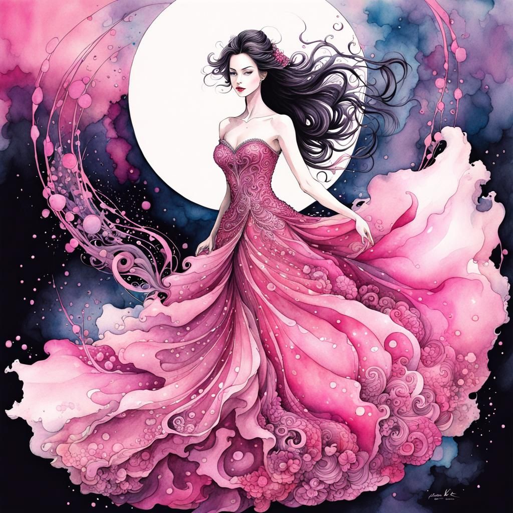 Girl in Pink Ball Dress, Surreal Watercolor Art