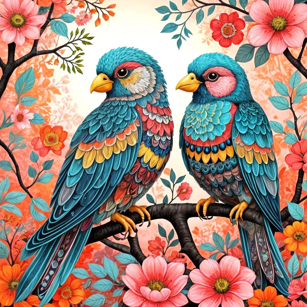 Vibrant Birds Amidst Whimsical Floral Wonderland