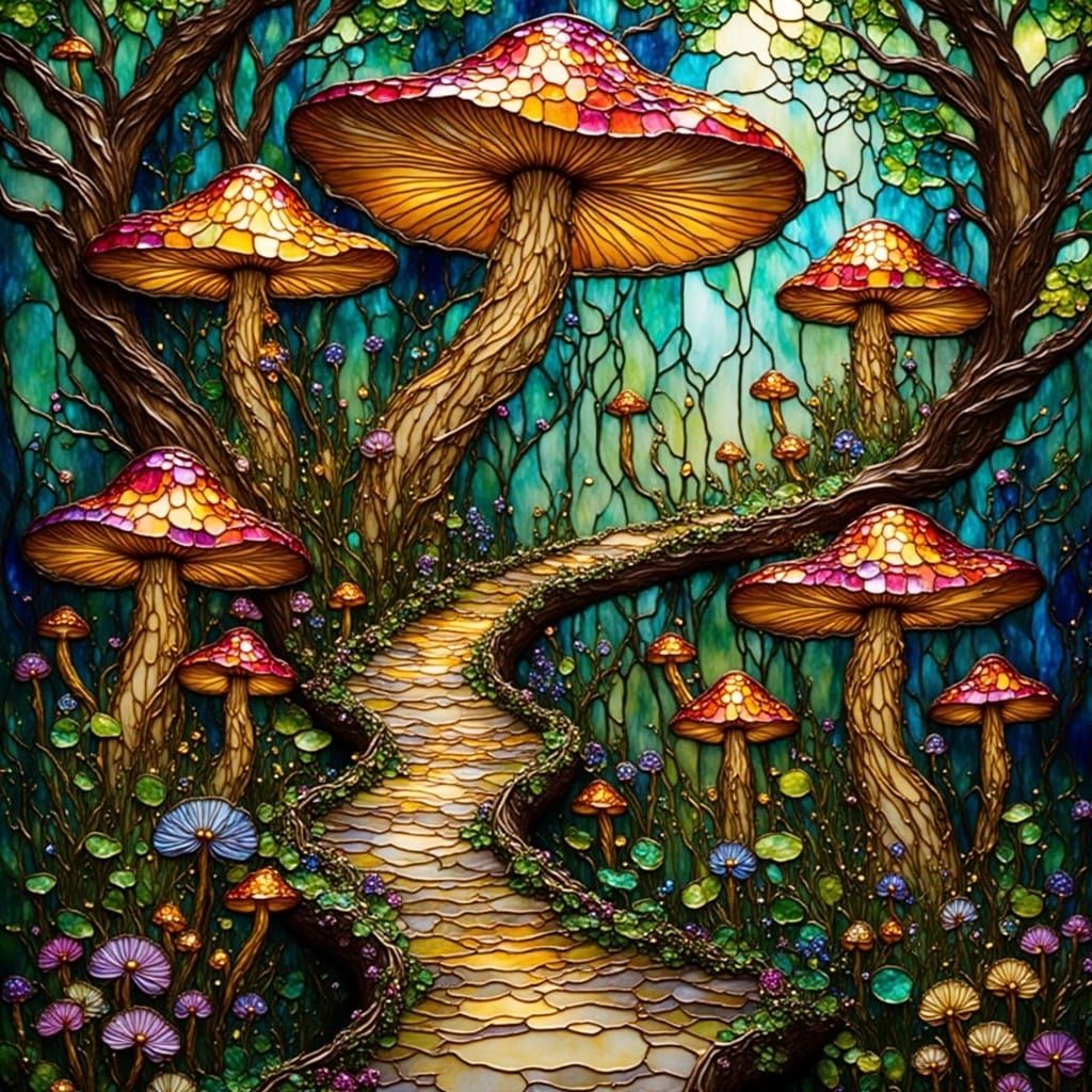 Fairytale Mushroom Stairway in Stained Glass Style