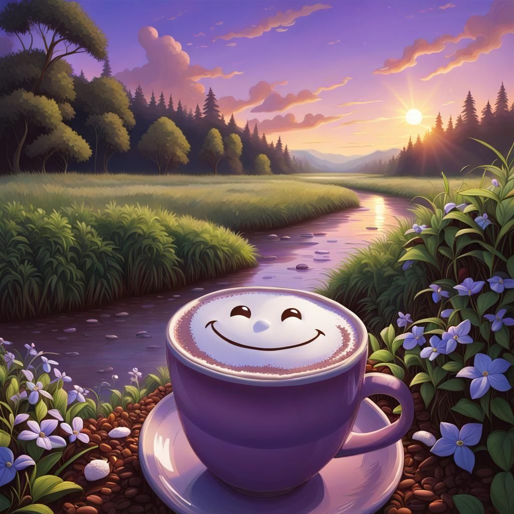 Whimsical Landscape with Cocoa River and Smiling Sun