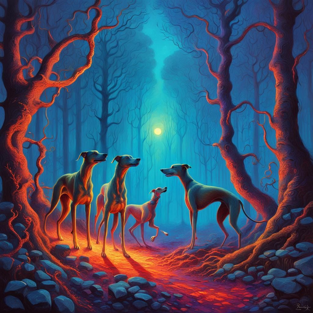 Greyhound Racing in Mystical Forest: Surreal Oil Painting