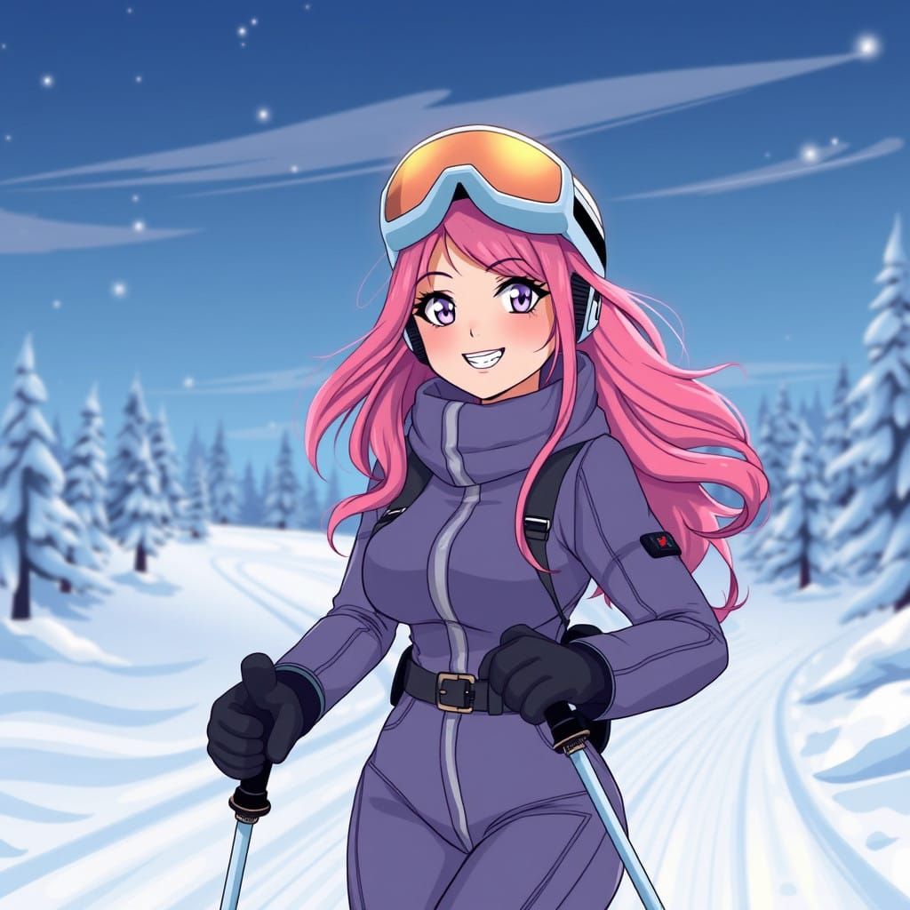 Skiing Anime Woman with Violet Eyes