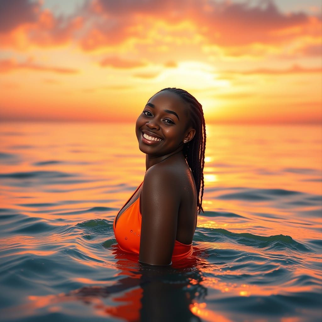 Young Woman Treading Water in Sunset Sea