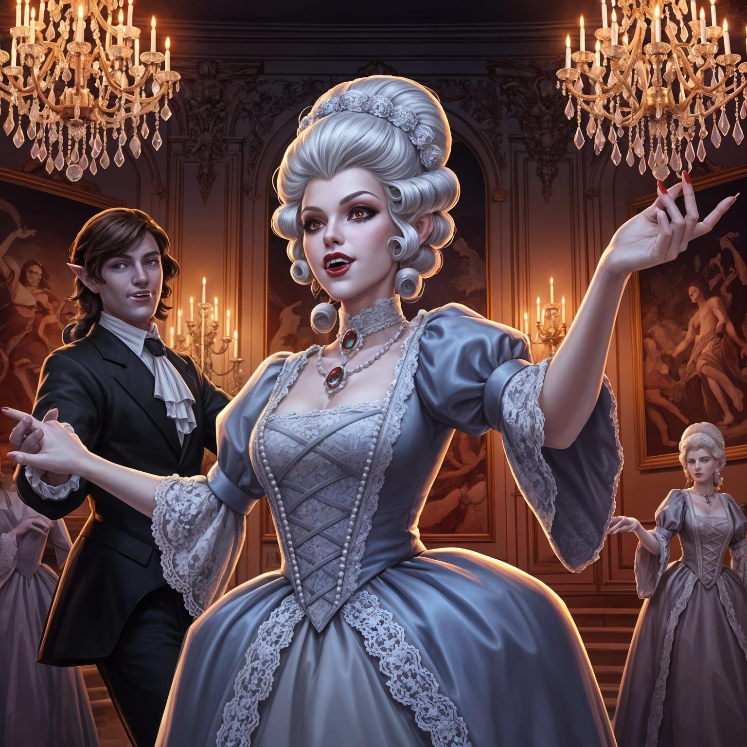 Vampires Dance in Ornate Ballroom with Baroque Art