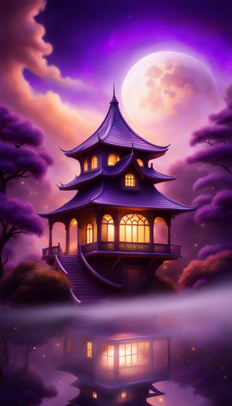 Ethereal Purple Lantern House with Star Trails