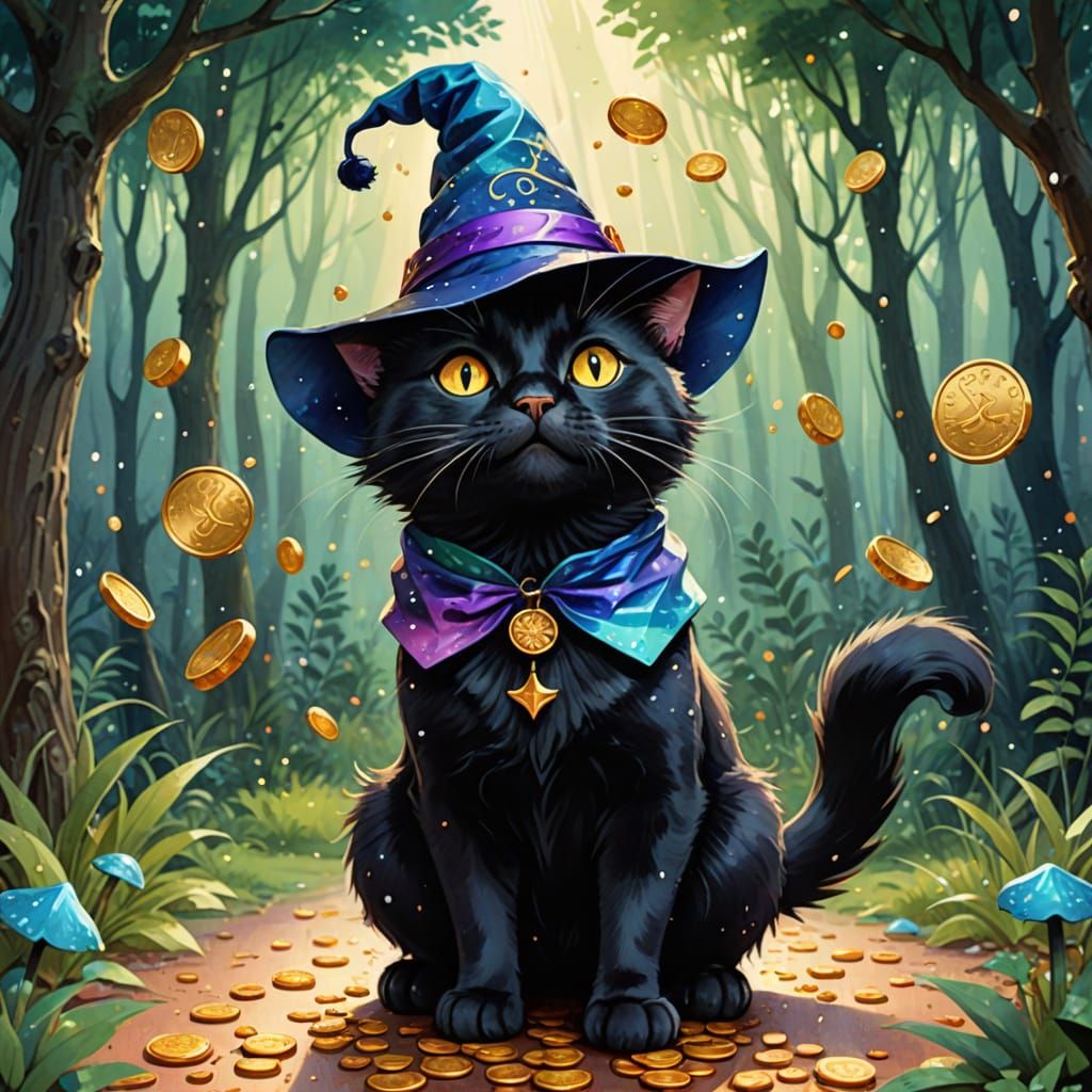 Black Cat Wizard Spell Gone Wrong in Watercolor