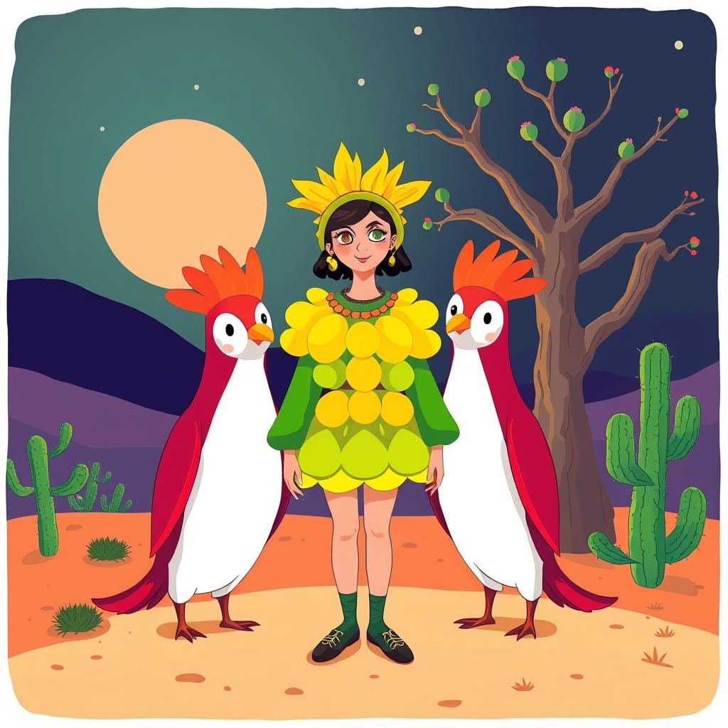 Cartoon Woman With Zebras in Desert Landscape