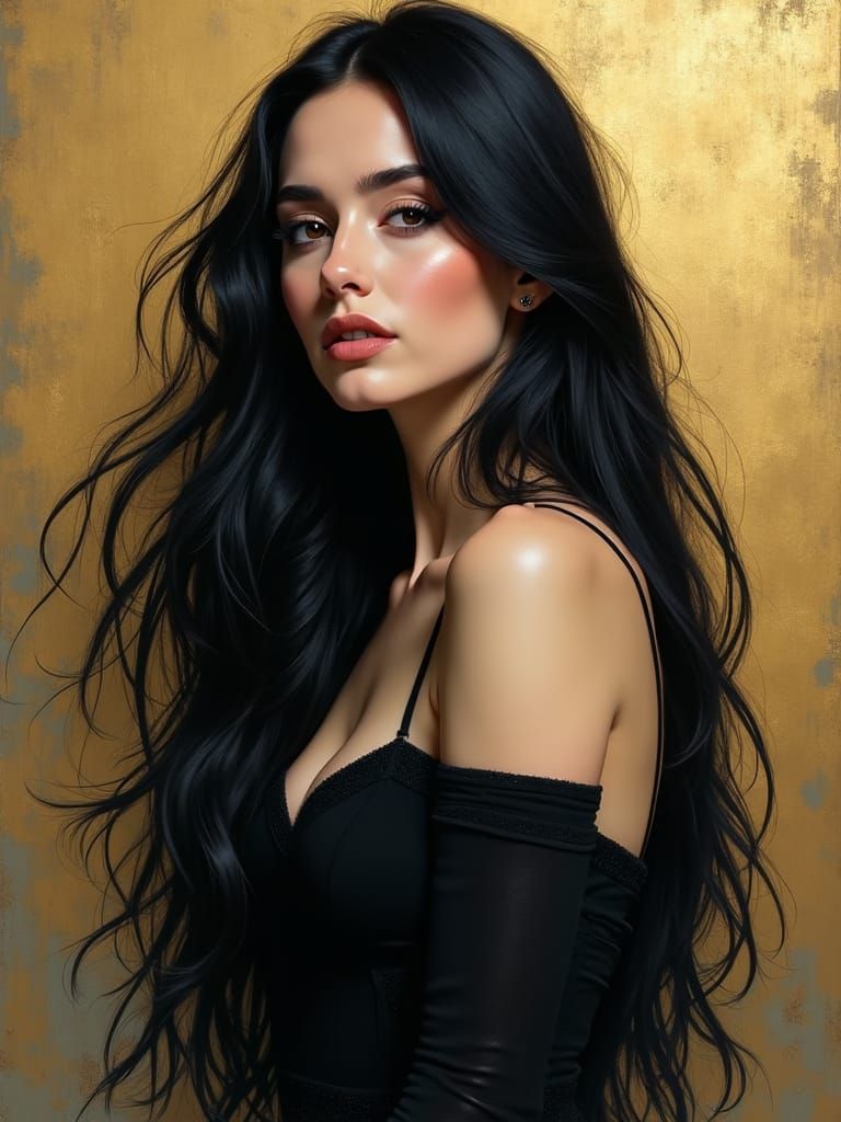 Lovely Woman with Long Black Hair in Gold Painting