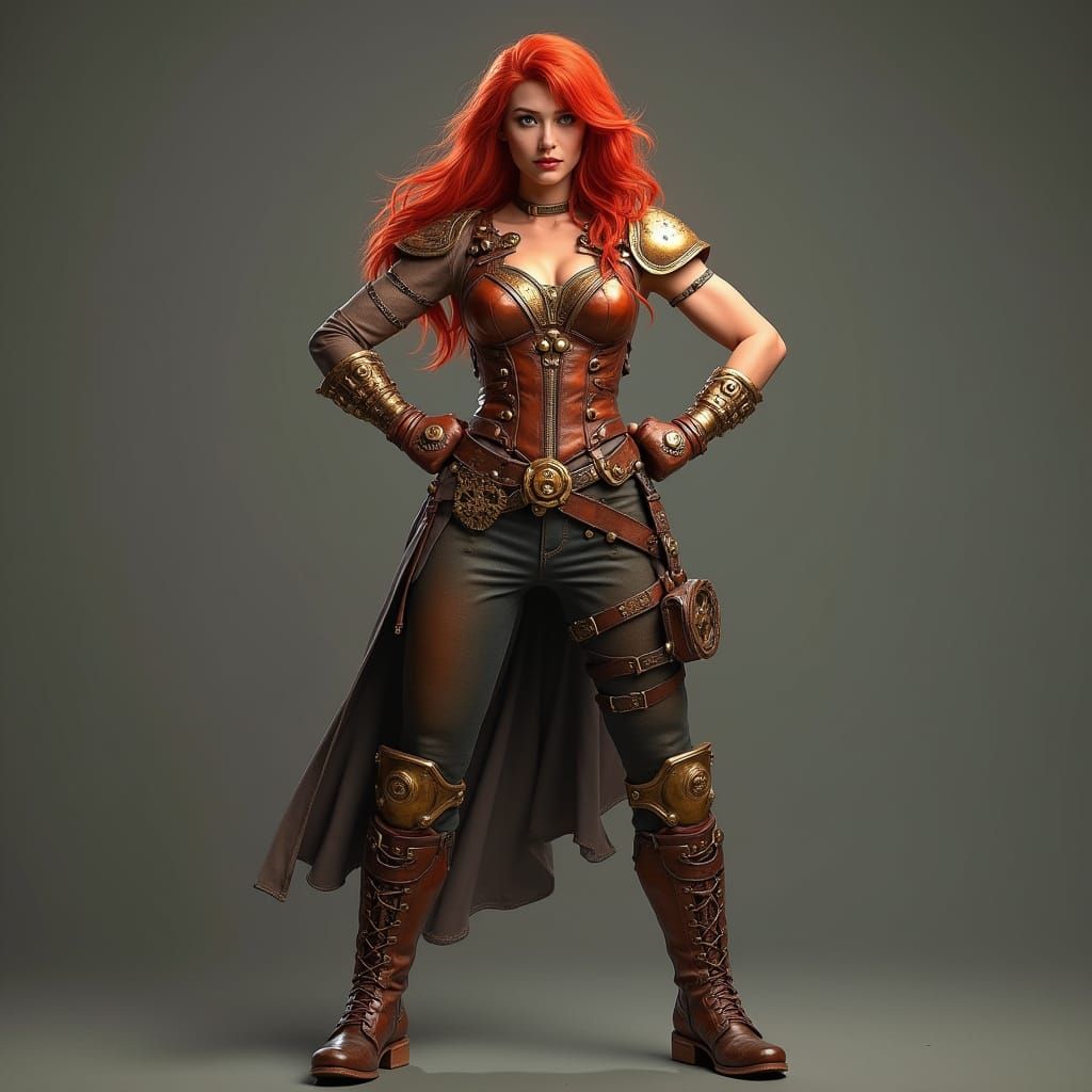 Steampunk Superwoman in Vibrant Red Hair and Copper Accents