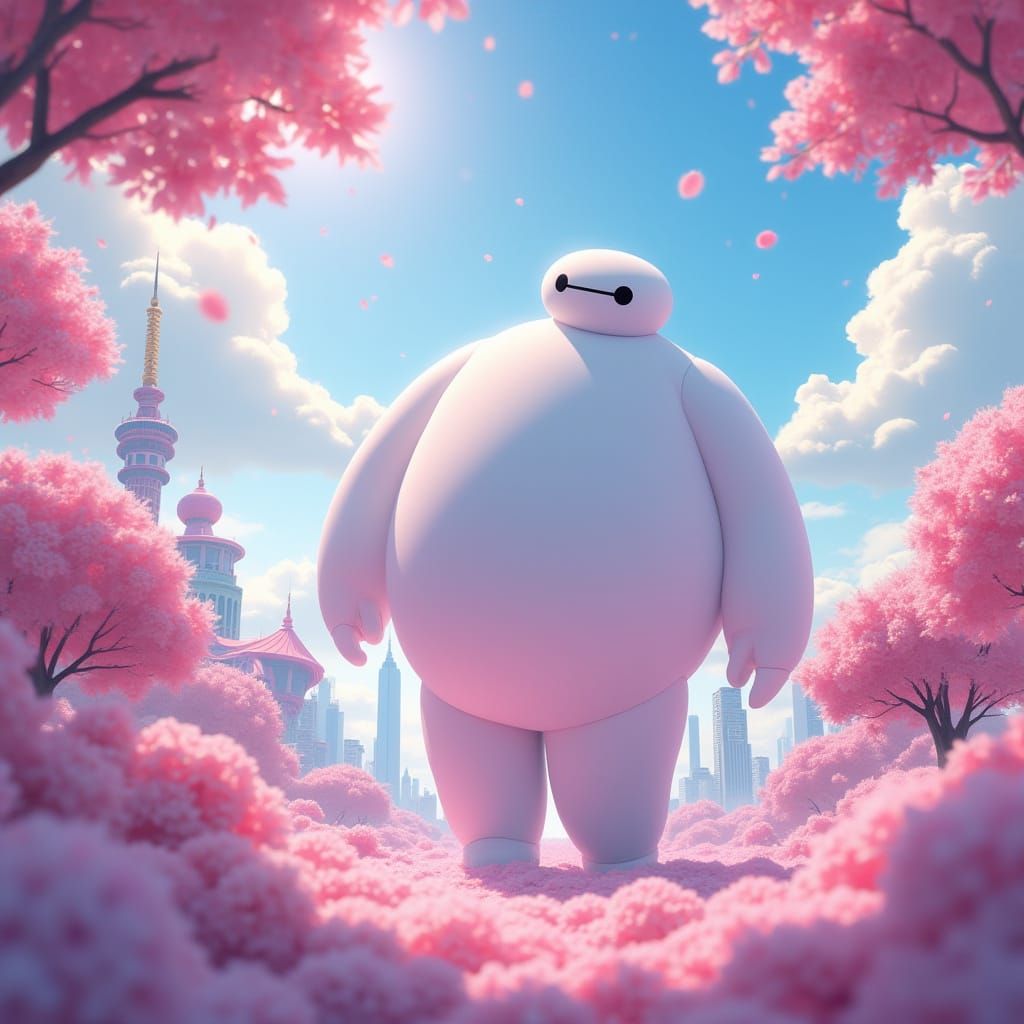 Gentle Heroine in Whimsical Cherry Blossom Cityscape