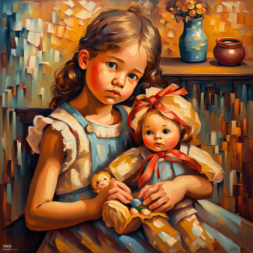 Impressionist Girl with Doll in Warm Domestic Scene