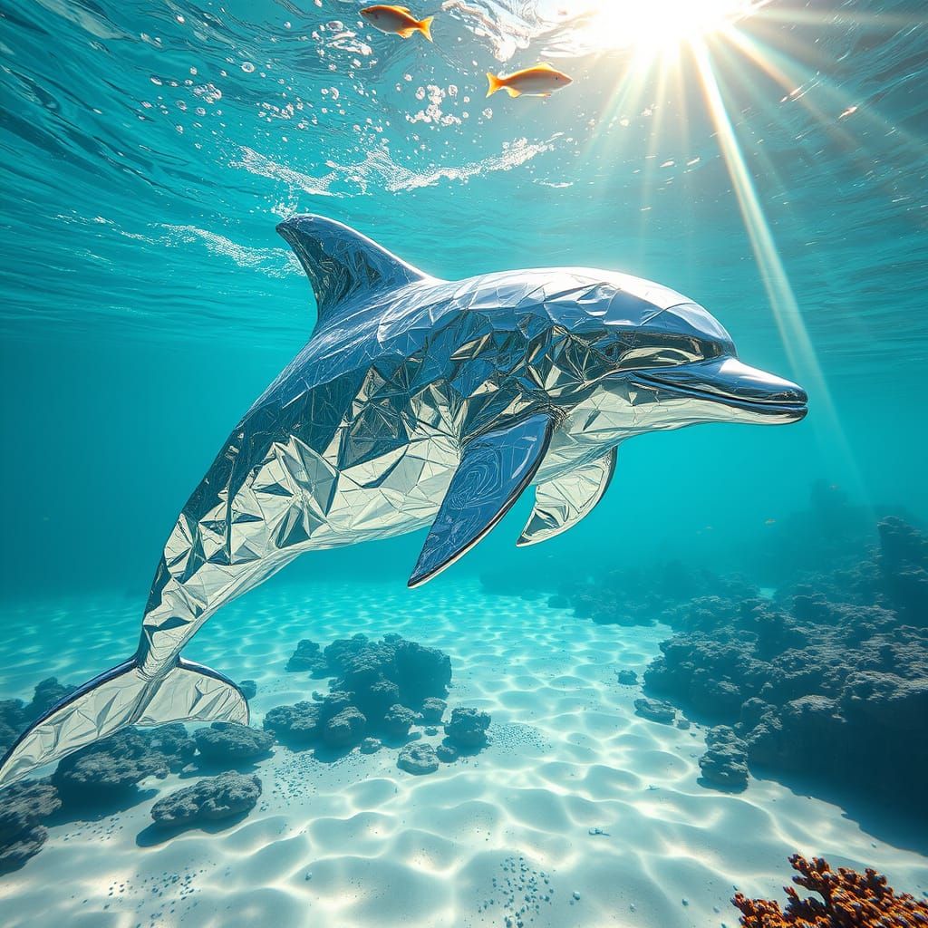 Tinfoil Dolphin Swimming in Sun-Drenched Ocean