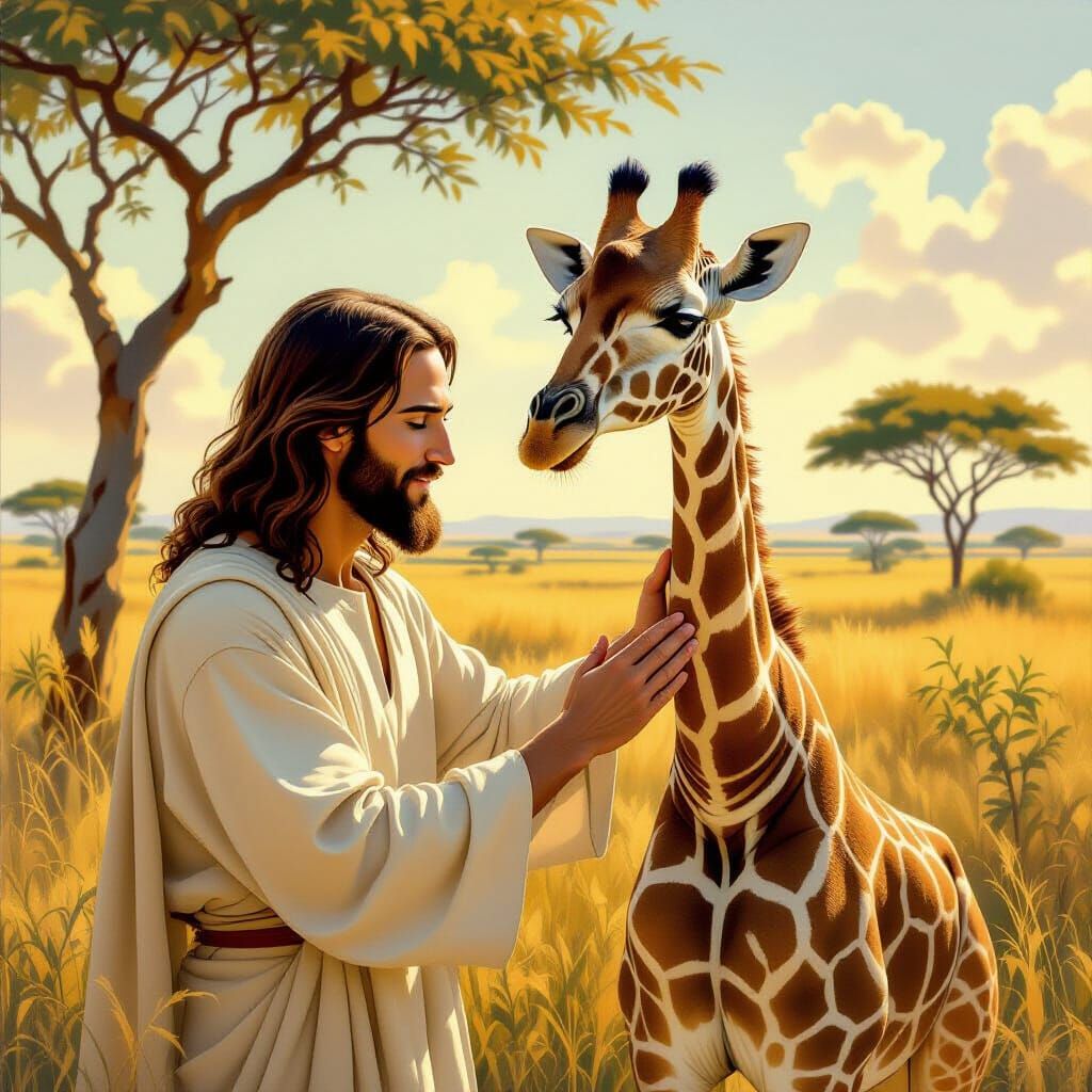 Jesus Christ Gently Petting a Giraffe on Savanna