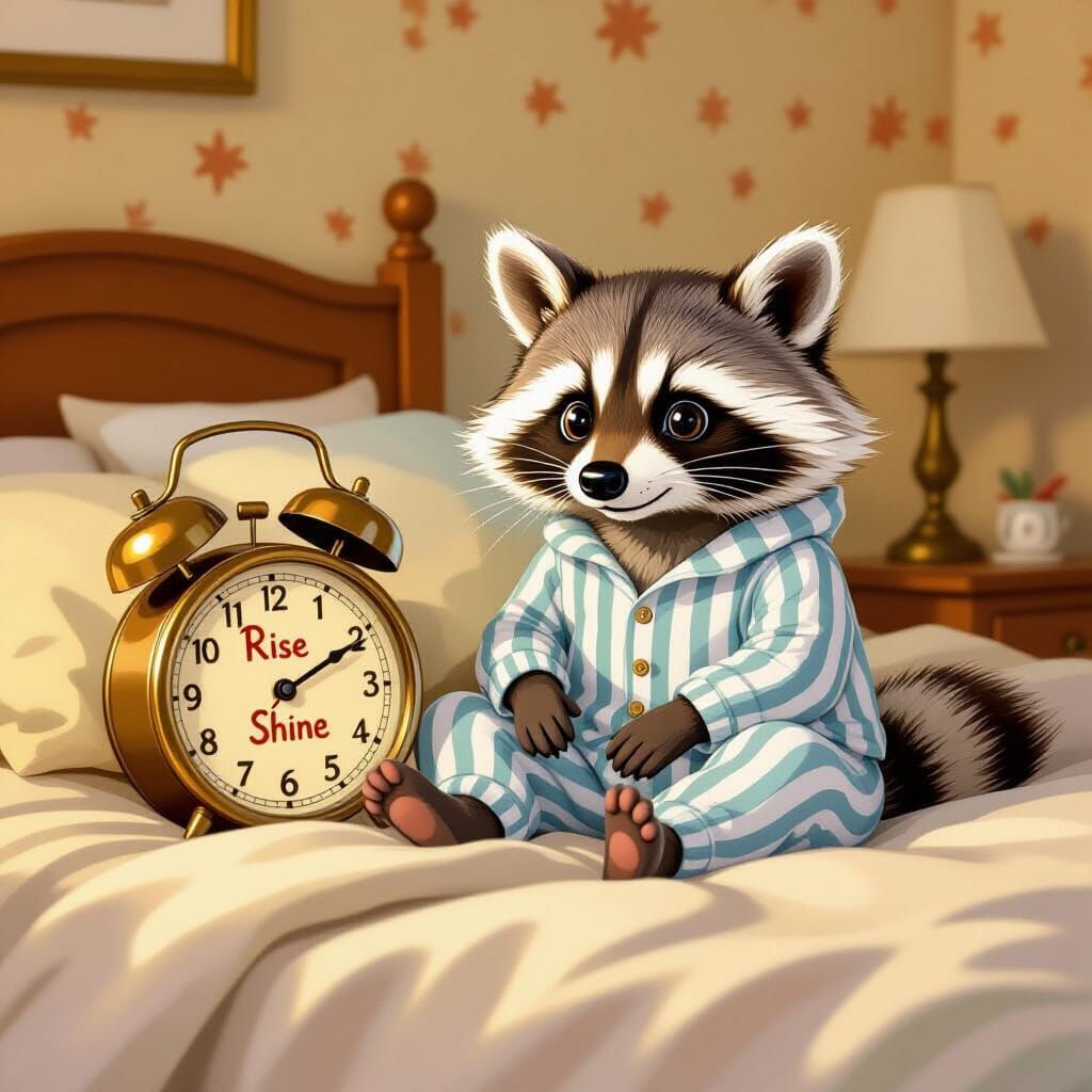 Whimsical Raccoon Wakes Up in Cozy Bedroom