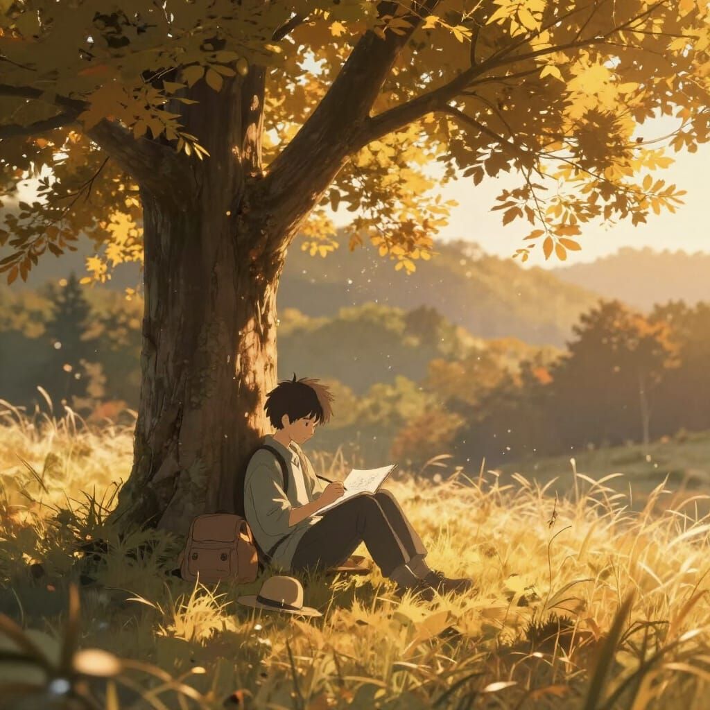 Peaceful Young Artist Sketching Under Autumn Tree