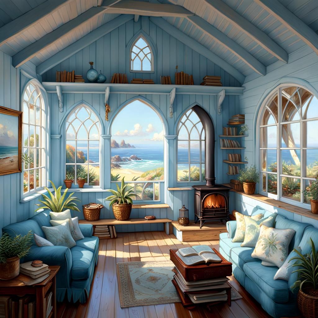 Cozy Beach Cabin Interior with Sea View