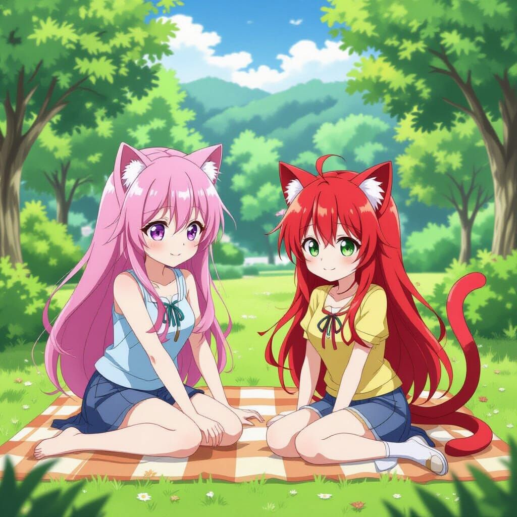 Two Girls with Cat Features Playing at Summer Camp