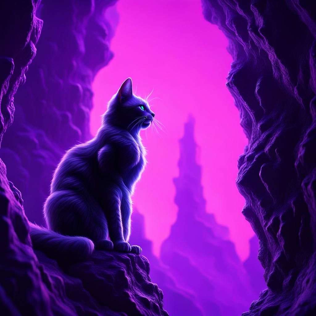 Blacklight Cat Ascends Through Purple Mist