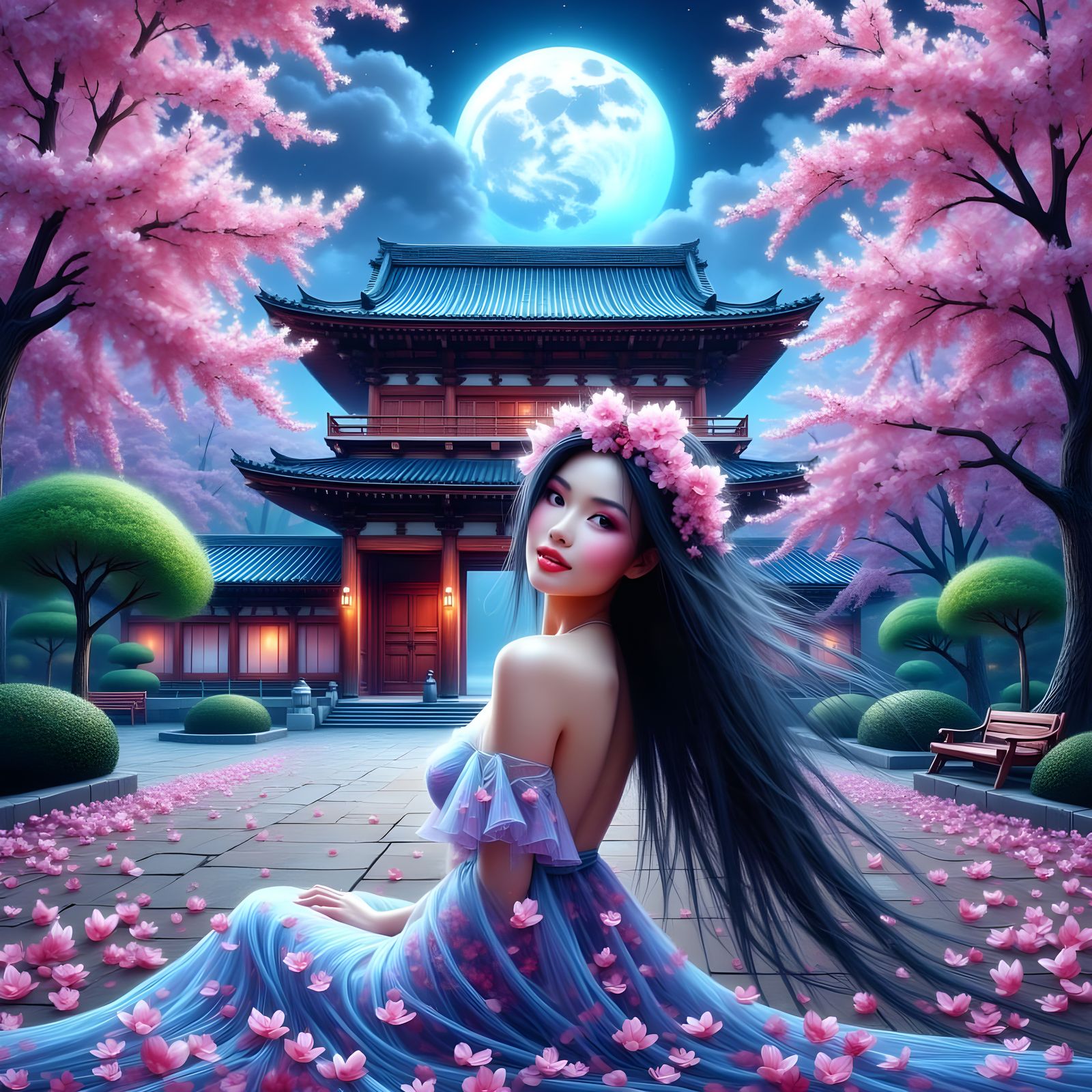 Spring Goddess in Moonlight: 3D Digital Art