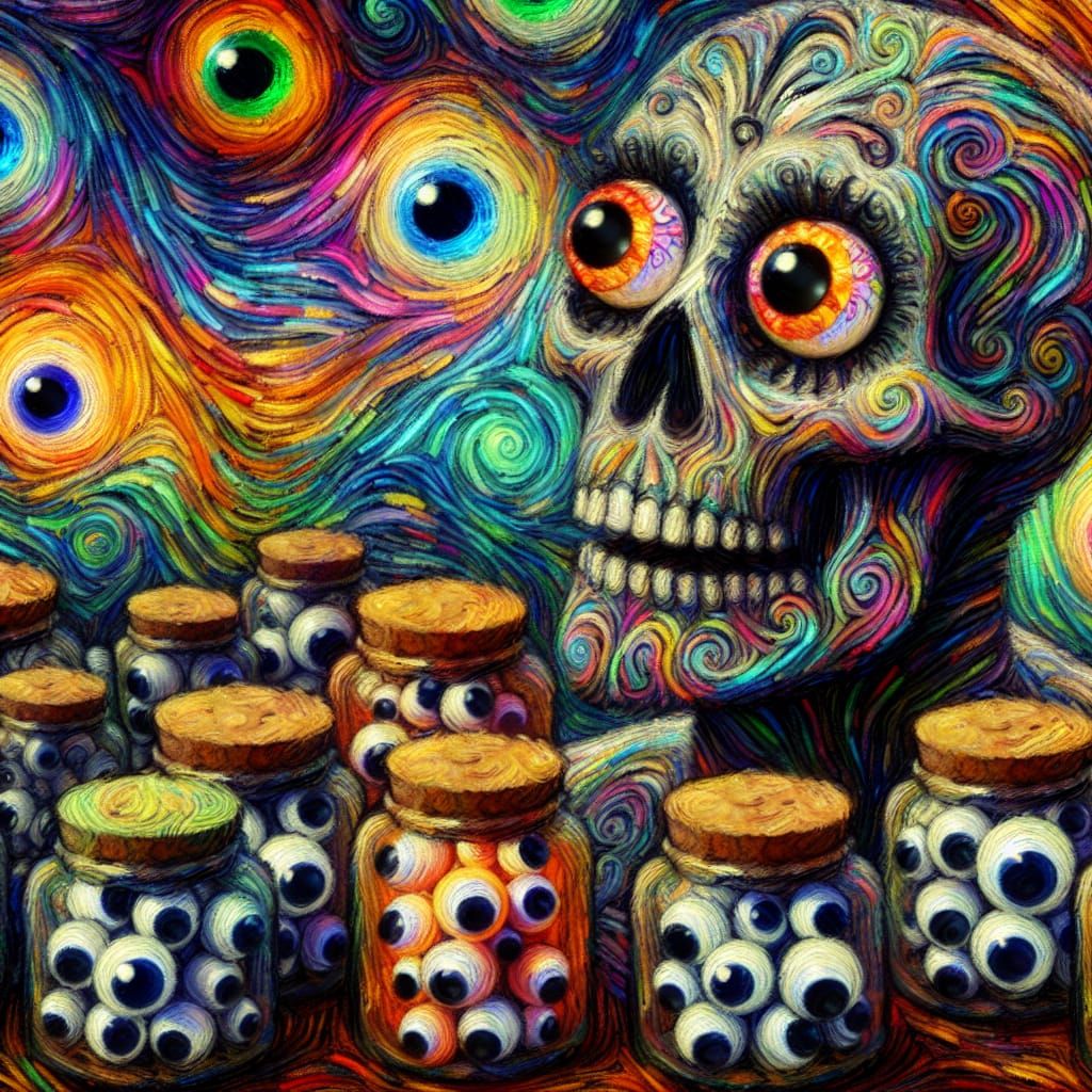 gothic creature with googley eyes and sugar skull face paint googly eyes in jars ,photogram of collection of googl...