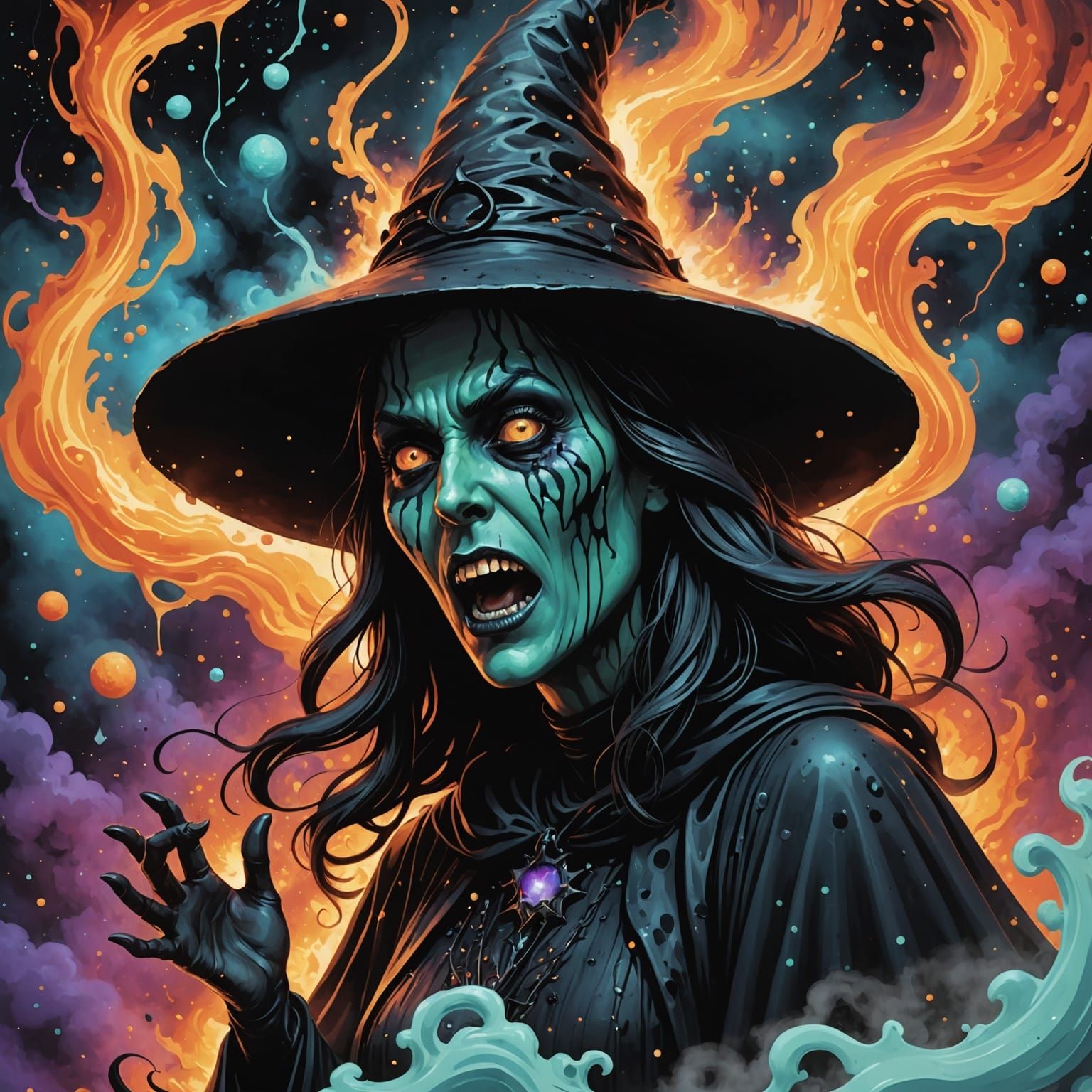 Melting Wax Witch in Anime Style with Galaxy Background