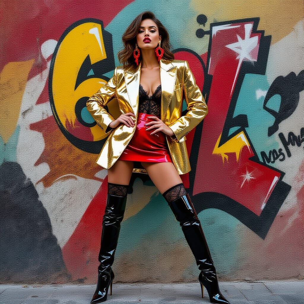 Model in Gold Blazer and Street Art Mural