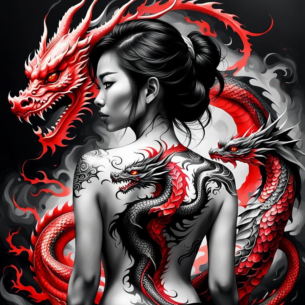 stunning black and white asian woman with a beautiful red dragon tattoo on her back detailed painting digital art radian...