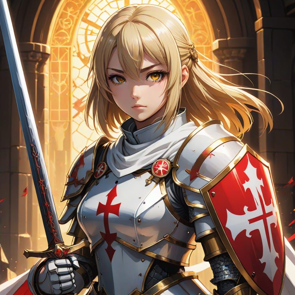 Knight Templar Girl with Sword and Shield in Manga Style