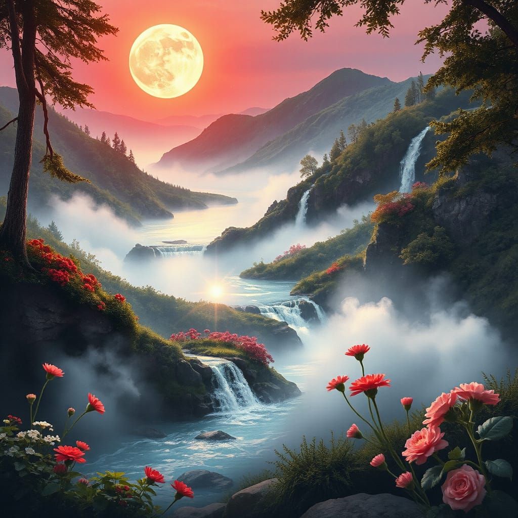 Dreamy Summer Landscape Illuminated by a Vibrant Moon