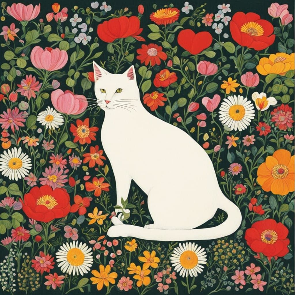 Cute Cat Surrounded by Flowers in Josef Frank Style