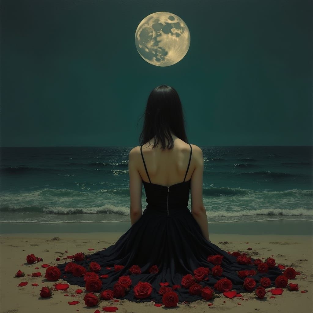 Heartbroken Woman on Moonlit Beach, Bold Colors