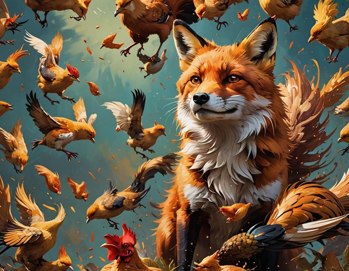 Red Fox Dreams of Roasted Chicken: Hyperrealistic Splash Art