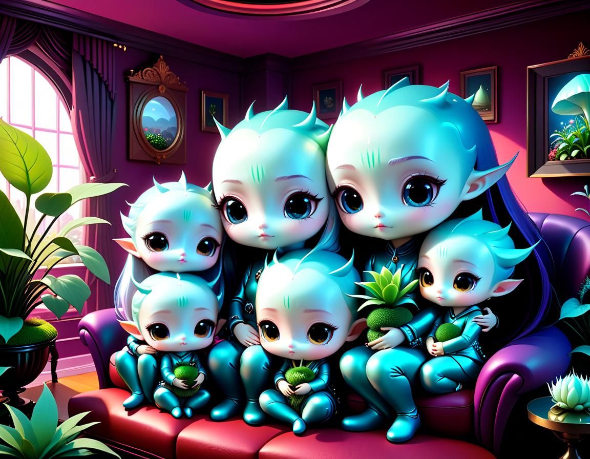 Adorable Chibi Alien Family in Alienpunk Style