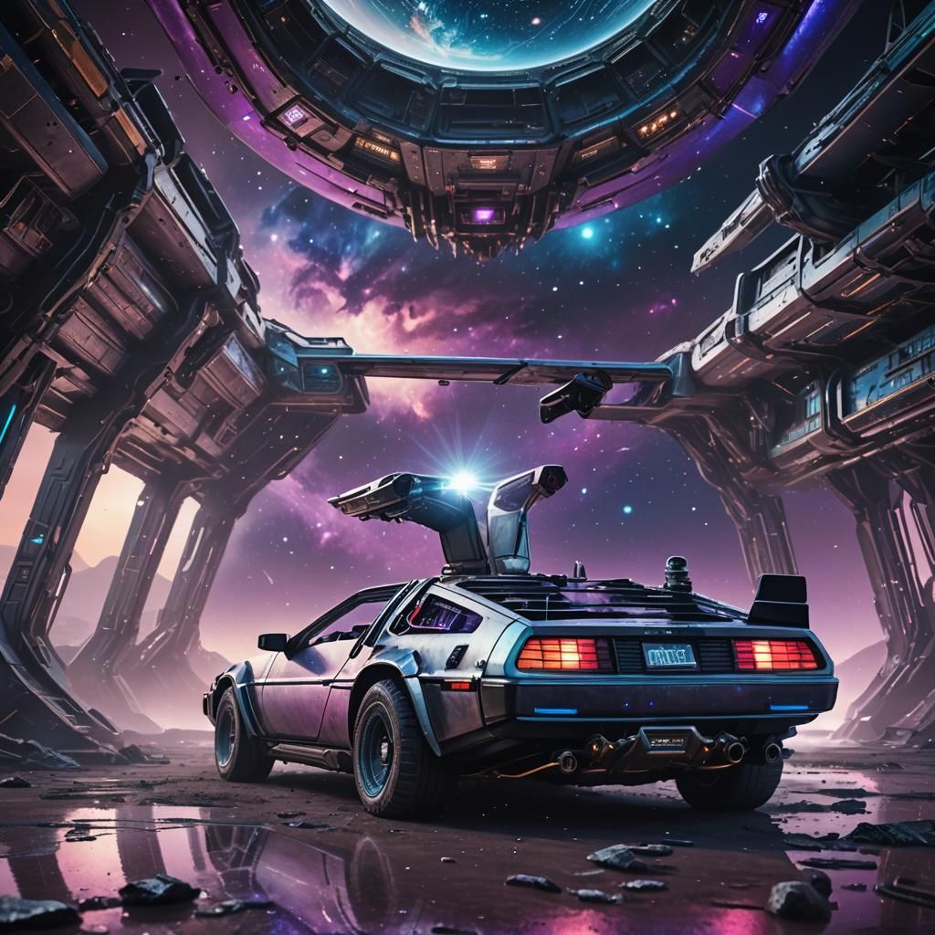 DeLorean Spaceship on Alien Planet in Sci-Fi Style