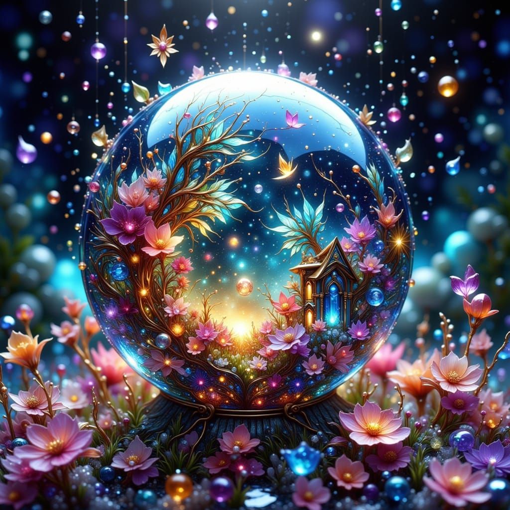 Sparkling Glass Spheres with Micro-Worlds in Indigo Sky