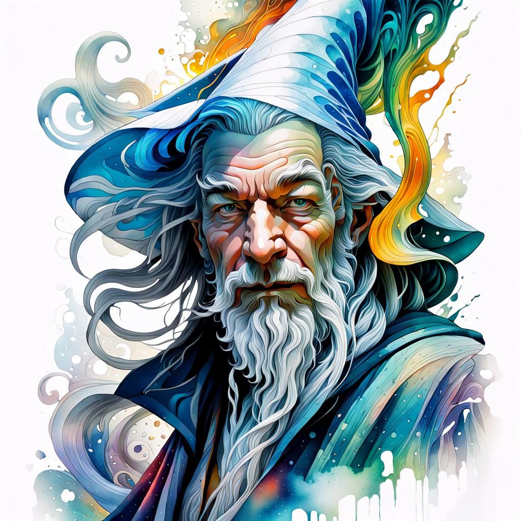 Gandalf Portrait with Watercolor and Ink Gradients