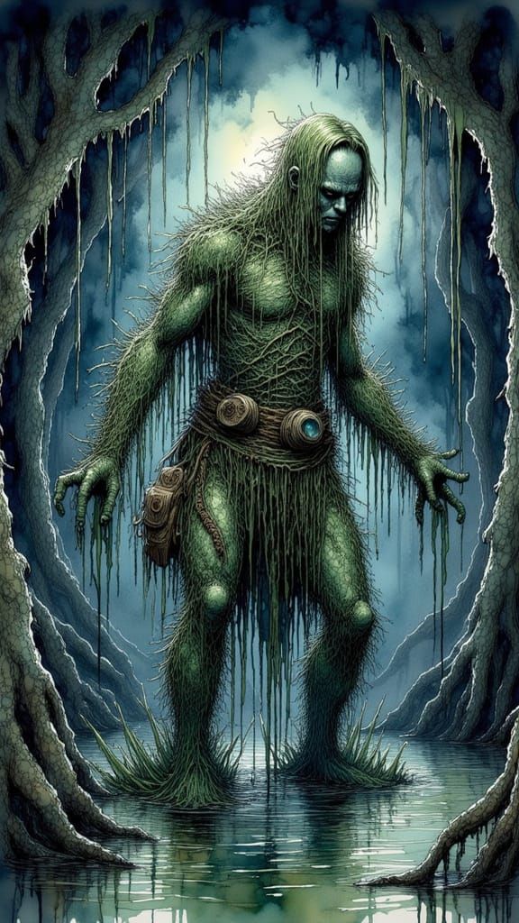 Swamp Creature Emerges from Bayou in Watercolour Style