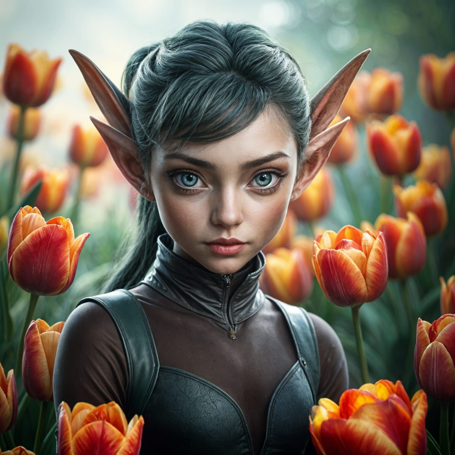 Hyperrealistic Elf in Tulip Garden