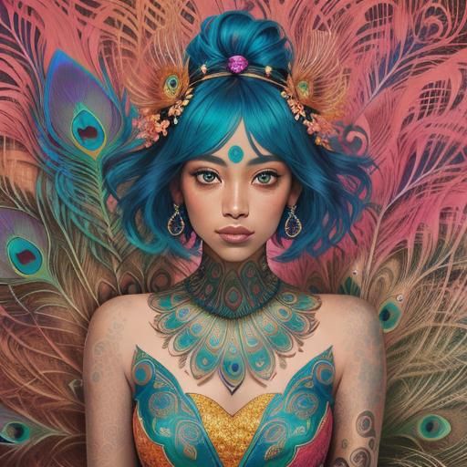 Psychedelic Woman with Peacock Feathers as Fauvist Art