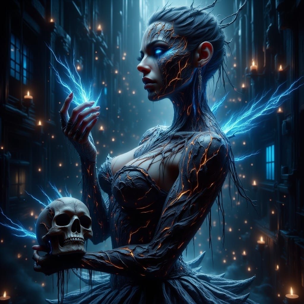 Muscular Ballerina Made of Fabric Holding Skull