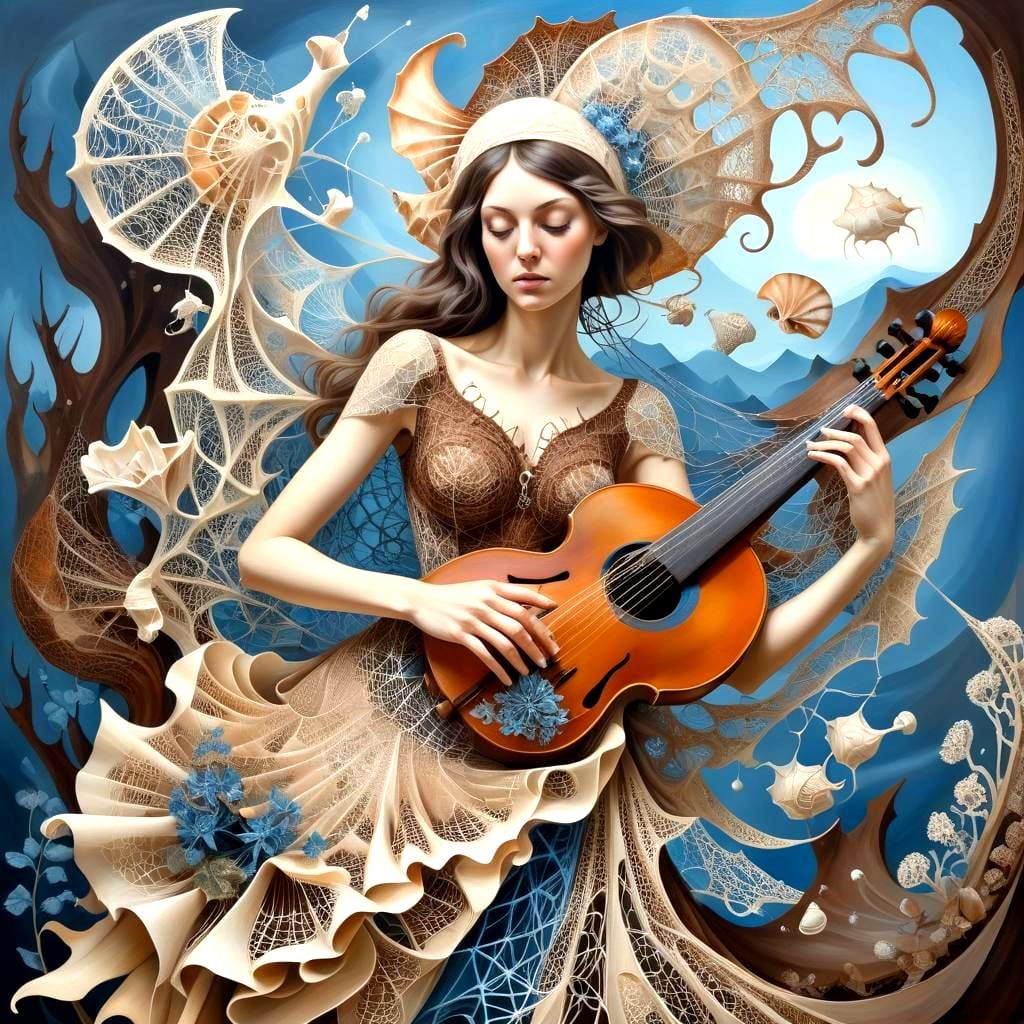 Surreal Musician in Dreamlike Landscape as Oil Painting