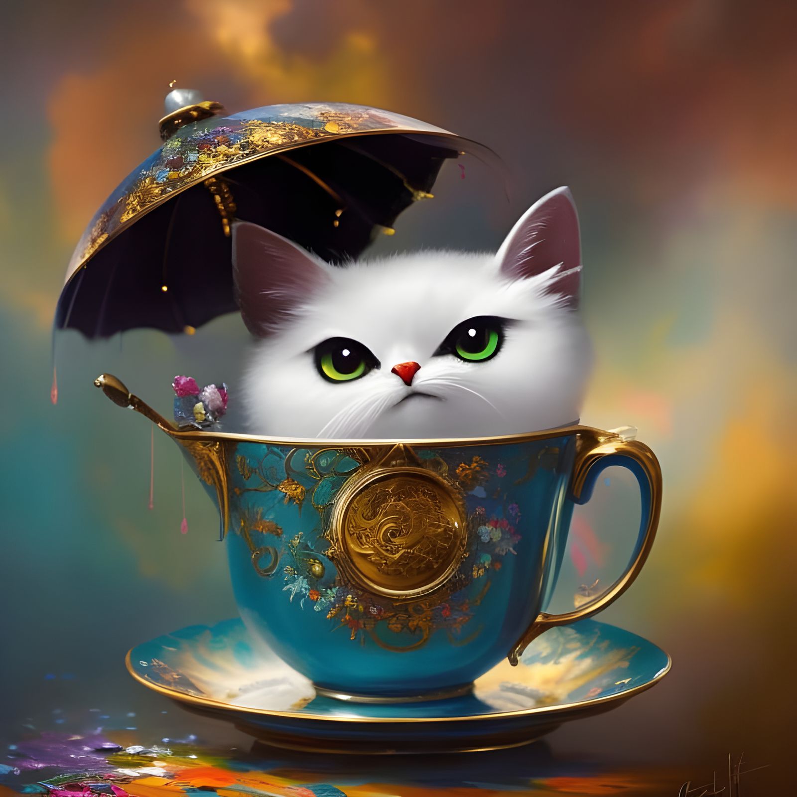 Anthropomorphic Cat Tea Party, Maximalist Oil Painting