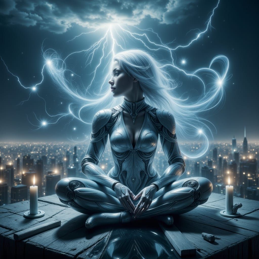 Cybernetic Cyborg Charges with Lightning in Cyberpunk Style