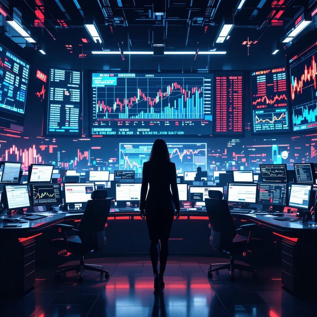 Futuristic Trading Floor with Woman in Business Attire