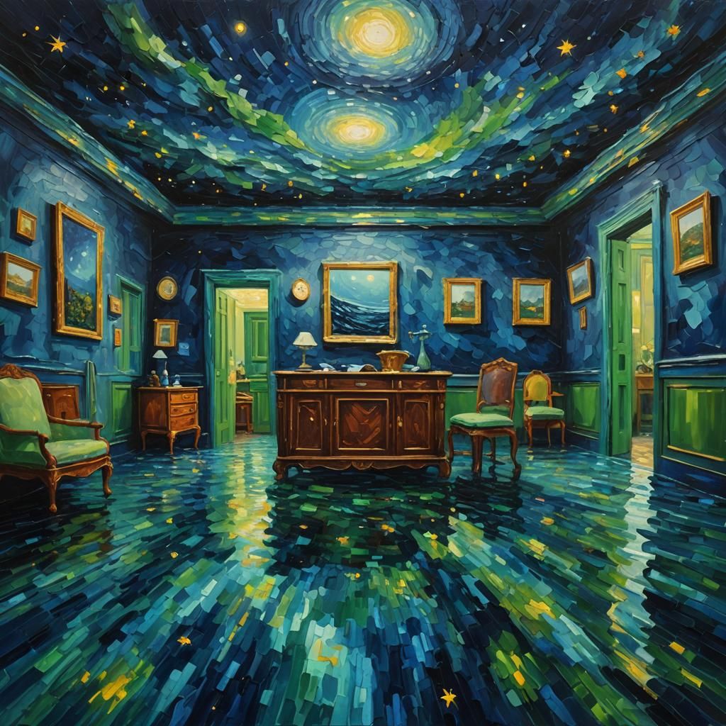 Ocean Room with Starry Night Sky in Impasto Style