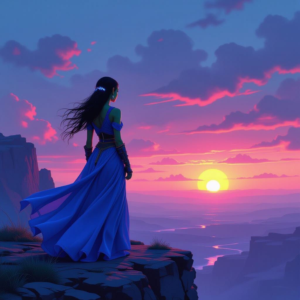 Goblin in Blue Dress Gazing at Synthwave Sunset