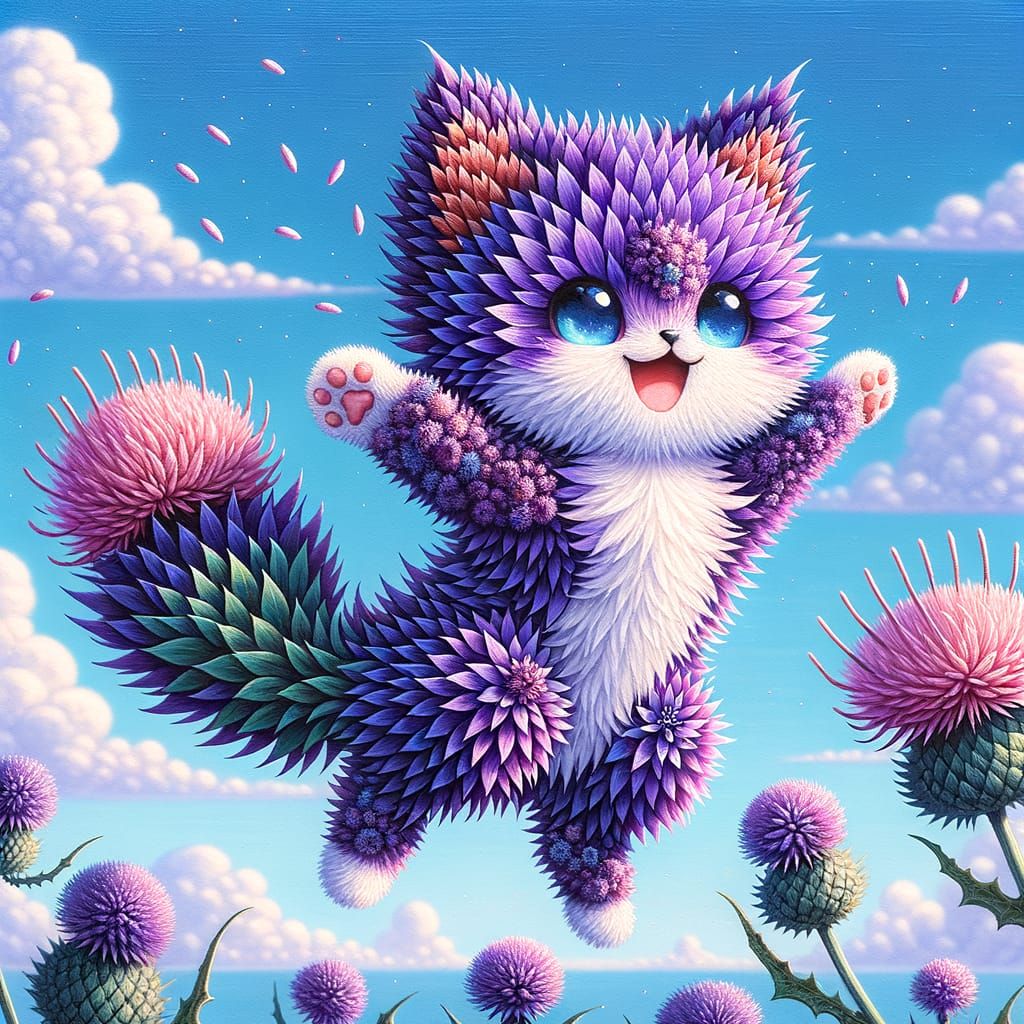 Chibi Milk Thistle Cat Flying in Azure Sky