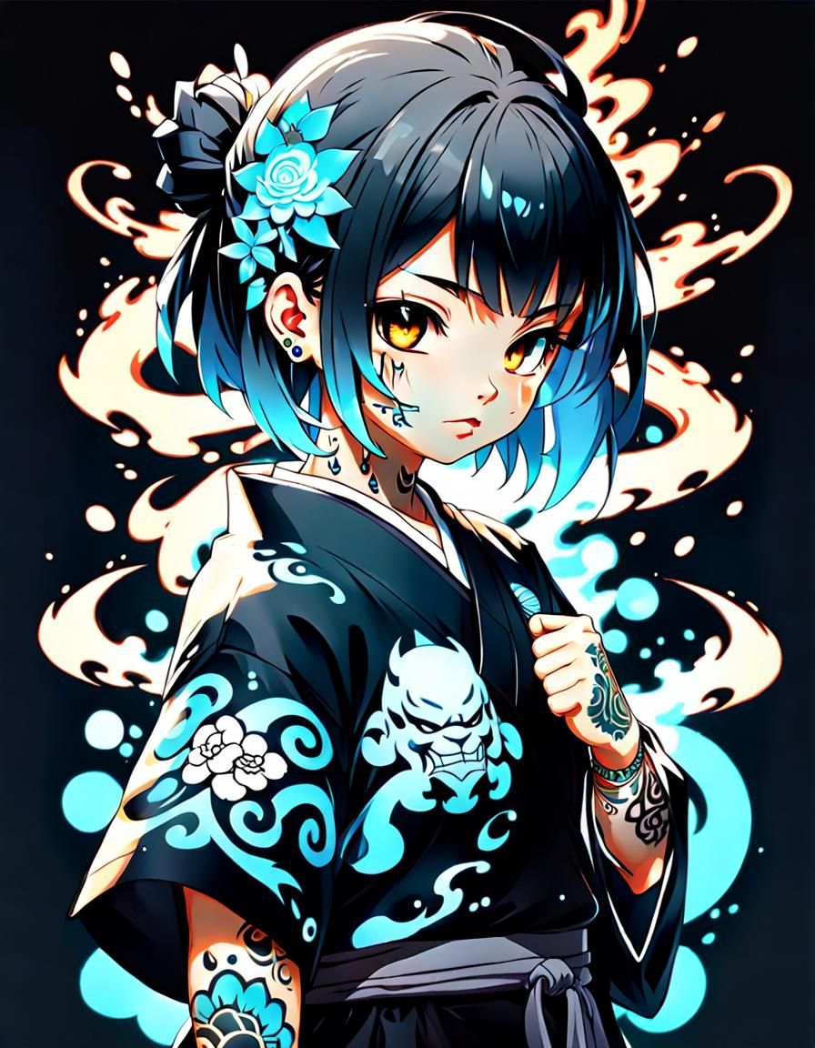Anime Yakuza Girl with Glowing Tattoos