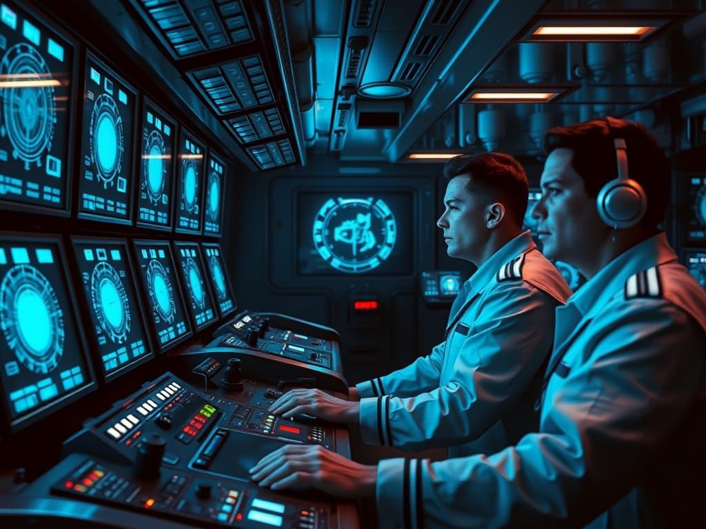 Naval Operators in Futuristic Submarine Control Room